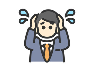 頭を抱える、ビジネスマンのアイコン（線画カラー）のイラスト