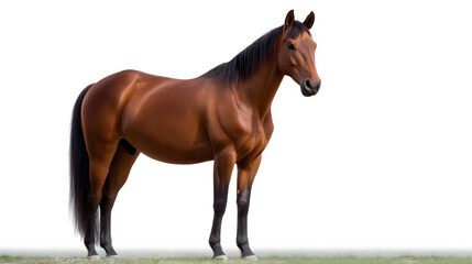 Obraz premium Graceful Horse in Profile: A stunning bay horse stands confidently, showcasing its sleek, muscular physique. The horse's elegant form and striking features capture the essence of equine beauty.