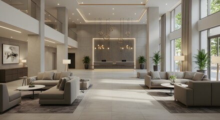 Luxury Hotel Lobby Interior Design with Modern Furniture and Reception Desk