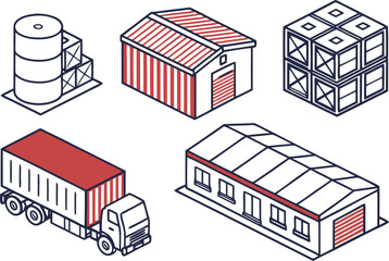 Isometric illustration of logistics and warehouse elements including a truck warehouse buildings stacked cargo boxes and cylindrical storage tanks in a clean modern line art style with red accents