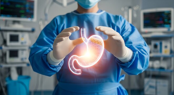 Surgeon displays glowing stomach hologram medical surgical