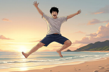 Fototapeta premium Joyful Beach Leap: Animated Man's Exuberant Jump at Sunset
