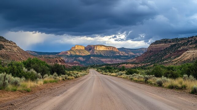 Scenic open road winding through rugged mountain terrain under moody overcast sky, capturing remote wilderness landscape and adventure travel atmosphere in dramatic natural setting - Powered by Adobe