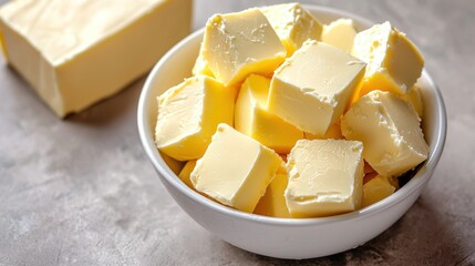 Cubed butter in a bowl, block beside it. Close-up
