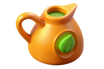 Stylized orange pitcher with green liquid and leaf emblem isolated on transparent background