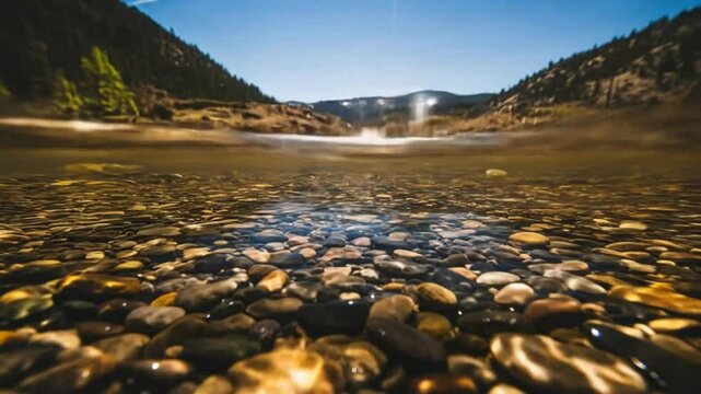 Underwater River Rocks and Mountain Valley