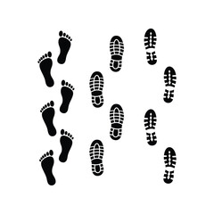 Diverse Footprints and Shoe Prints, Barefoot and Boot Mark Trails