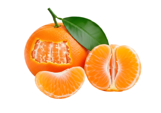 Peeled orange segments with leaf tangerine citrus