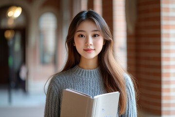 Portrait of an Asian young girl holding a textbook in her hand on her university campus, embodying academic achievement and enthusiasm, Generative AI