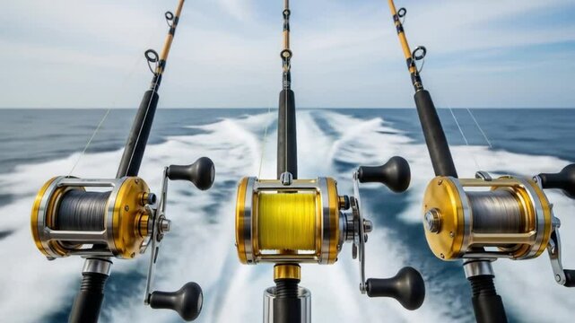 Three fishing rods with gold reels are mounted on a boat, ready for deep sea fishing on a sunny day