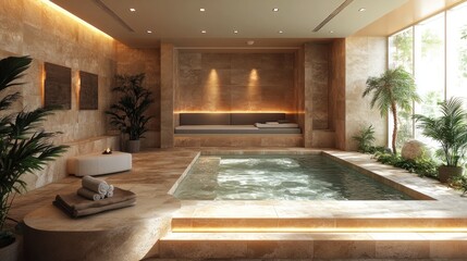 serene indoor sanctuary featuring a tranquil pool surrounded by natural stone textures with lush green foliage creating a calming spa-like atmosphere for relaxation and rejuvenation