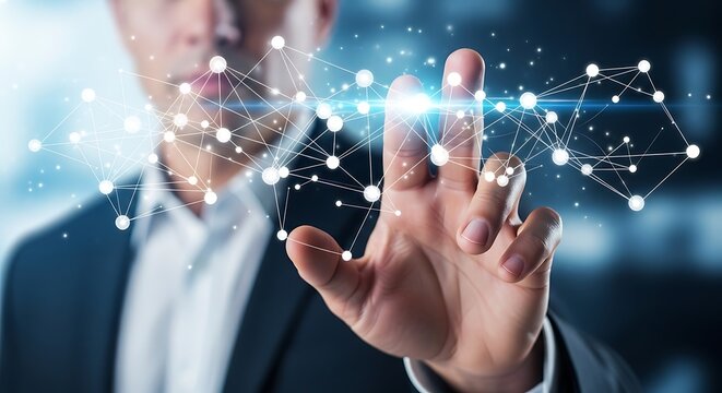 Man touching glowing network digital