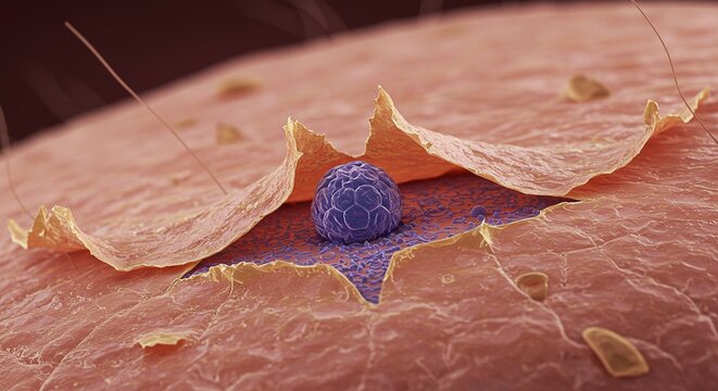 Microscopic view of human skin surface showing a blue cell and peeling epidermal layers with fine hairs