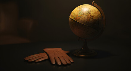 Globe and gloves on a dark surface
