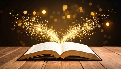 Open book with golden sparks