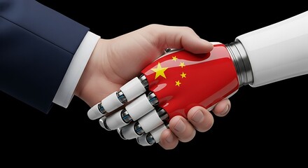 Human robot handshake with Chinese flag artificial intelligence