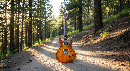 A vibrant electric guitar stands centered on a sunlit forest path, ready to play.