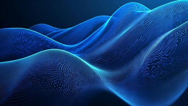 Abstract blue waves with intricate patterns flowing in a digital landscape, creating a serene atmosphere