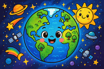 Obraz premium Acartoon earth with planets and sun 