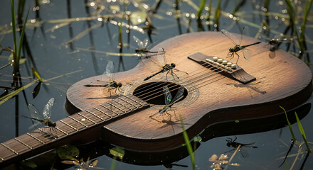 Naklejka premium A vintage guitar rests in shallow water, surrounded by dragonflies.