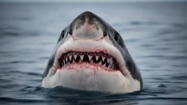 A great white shark opens its jaws, revealing its sharp teeth in a display of power and danger in the ocean