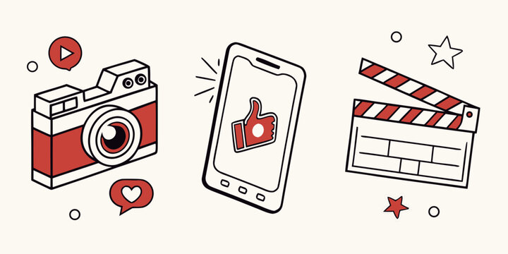 Retro camera smartphone with thumbs up and clapperboard isolated on white background