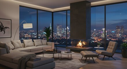 Fototapeta premium Luxury Modern Living Room with City View at Night