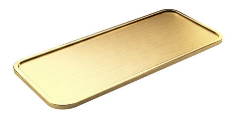 Rectangular golden plate mockup, isolated on transparent cutout background