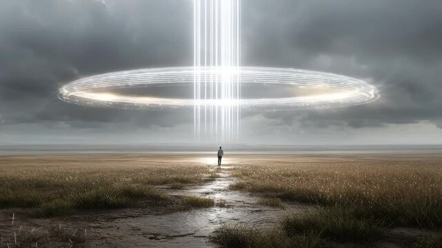 Man standing on field under giant glowing sci-fi ring emitting vertical beams of light in cloudy sky. 4K video