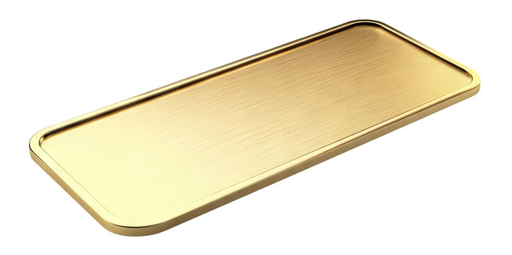 Rectangular golden plate mockup, isolated on transparent cutout background