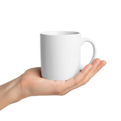 A pristine white mug rests gently in a hand, isolated on transparent background