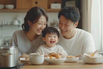 Happy family together. Asian parents eating breakfast with their little son in the kitchen, Generative AI