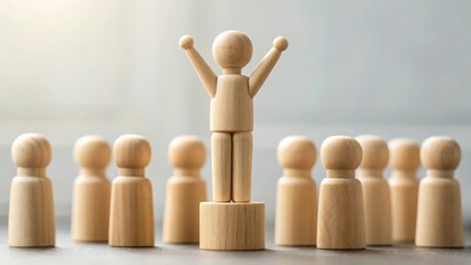 Wooden figure surrounded by gears but standing freely — individuality in structured system
