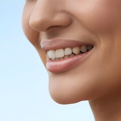 Close up of a woman smiling showing her teeth and lips against a light blue background in soft focus