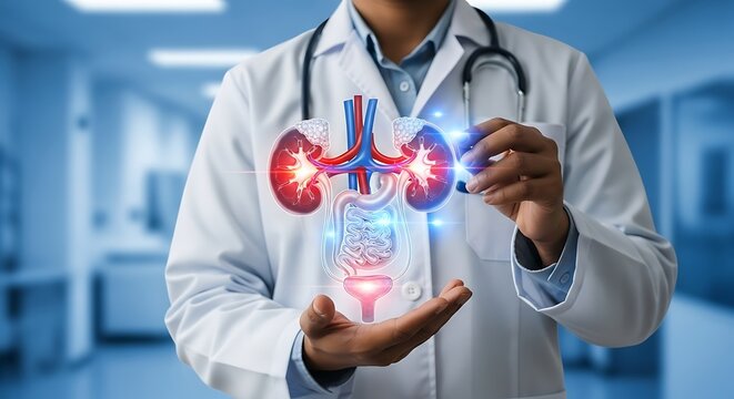 Doctor presenting human urinary system medical human anatomy