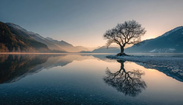 Serene sunrise over a still lake, reflecting a solitary, leafless tree on a small, pebbled shore, mountains in the background - Powered by Adobe