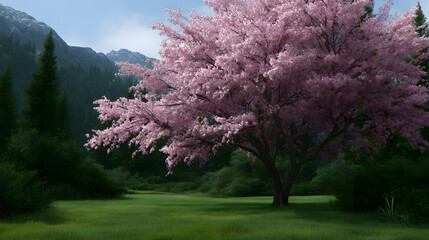 Blossom Tree in the Garden: A vibrant cherry blossom tree in full bloom stands majestically in a serene garden, with a backdrop of lush green fields and majestic mountains. 