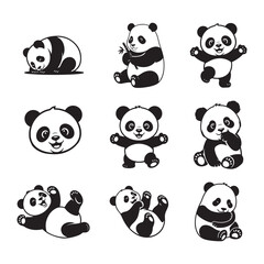 panda silhouettes, panda silhouette, panda silhouette set, Cute Panda Silhouette Wild Animal Illustration Design Vector Collection, © Usman Muneer