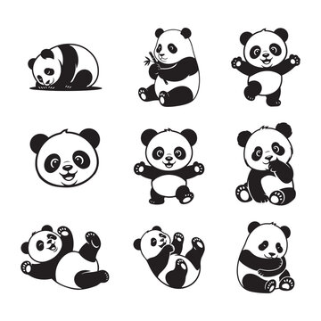 panda silhouettes, panda silhouette, panda silhouette set, Cute Panda Silhouette Wild Animal Illustration Design Vector Collection,