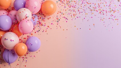 Pastel balloons and confetti scattered on a peach and lavender gradient background, leaving ample space to the right