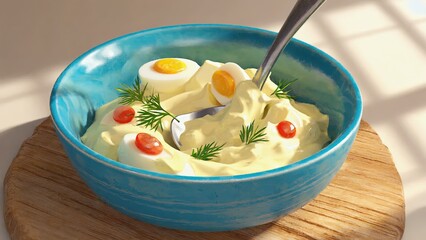 Delicious salad made with creamy dressing, boiled eggs, and fresh herbs served in a vibrant blue bowl on a wooden board