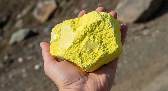 Bright yellow sulfur rock held in hand mineral - Powered by Adobe
