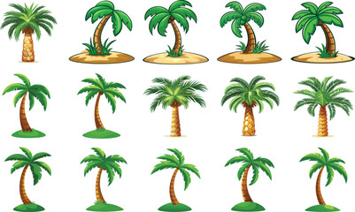 Collection of cartoon palm trees in various styles and settings