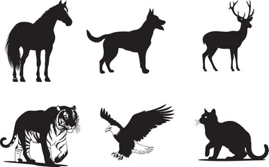 Fototapeta premium Collection of six distinct animal silhouettes including a horse dog deer tiger eagle and cat against a white background