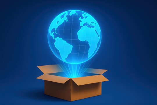 Cardboard box with holographic glowing planet Earth representing global ecommerce worldwide shipping and virtual international business solutions