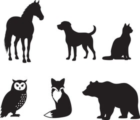 Collection of black animal silhouettes including a horse dog cat owl fox and bear isolated on a white background