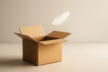 Open cardboard box with floating white feather — concept of lightness, creativity, and thinking outside the box