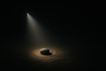 Single stone illuminated by spotlight on textured sand — concept of focus, attention, and precision