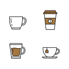 Coffee Cup Outline Icons Set, Takeaway Mugs, Drinkware, Beverage, Cafe, Restaurant Symbols