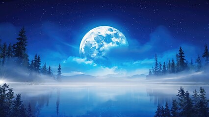 Moonlit lake reflects serene night sky with fog and trees in peaceful wilderness setting